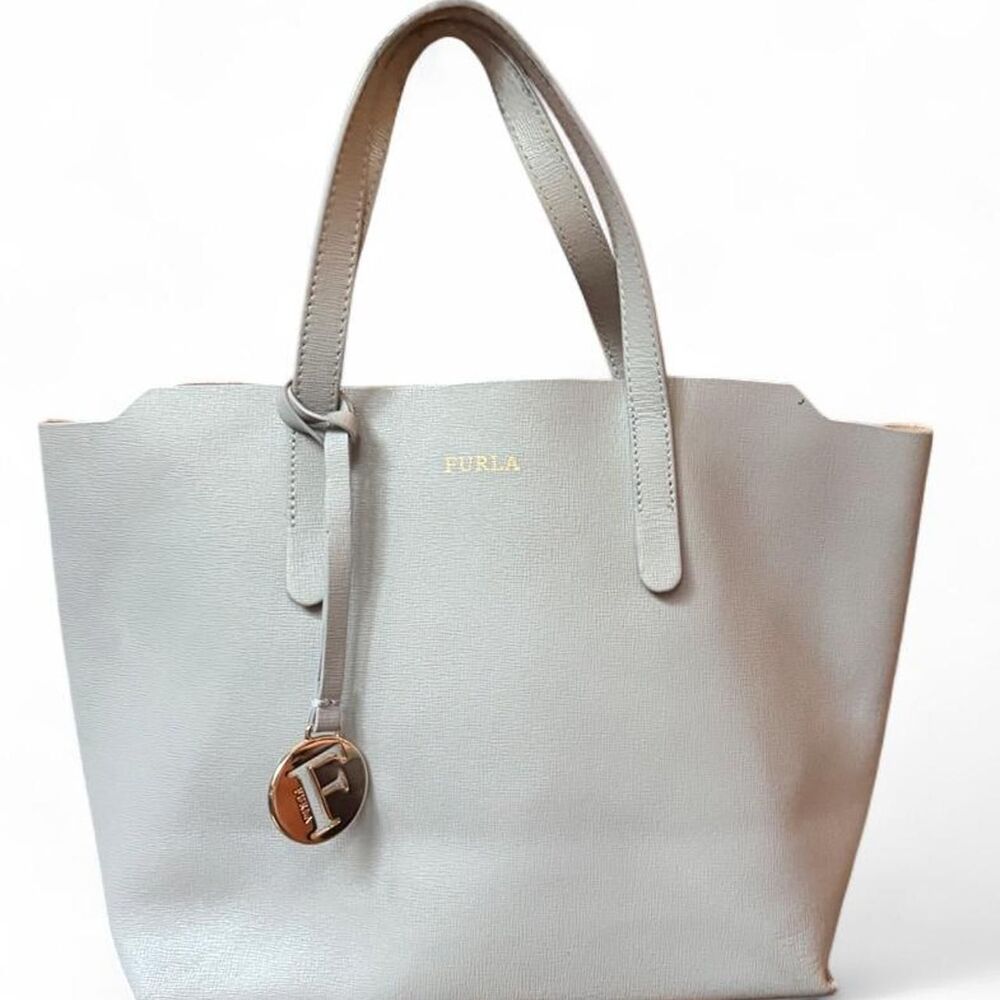 Furla Gray Leather Top Handle Satchel Tote Bag Gold Hardware Everyday bag